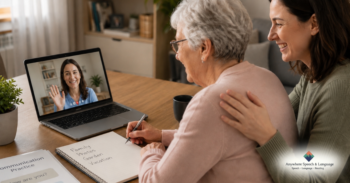 Online speech therapy session with support from caregiver | Anywhere Speech & Language Therapy | Online Speech Therapy Across The United States